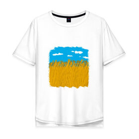Мужская футболка хлопок Oversize с принтом Украина в колосьях в Екатеринбурге, 100% хлопок | свободный крой, круглый ворот, “спинка” длиннее передней части | Тематика изображения на принте: жёлтый | колосья | небо | облака | пиксельный | поле | синий