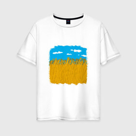 Женская футболка хлопок Oversize с принтом Украина в колосьях в Екатеринбурге, 100% хлопок | свободный крой, круглый ворот, спущенный рукав, длина до линии бедер
 | жёлтый | колосья | небо | облака | пиксельный | поле | синий