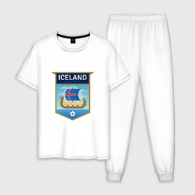 Мужская пижама хлопок с принтом Футбол - Исландия в Екатеринбурге, 100% хлопок | брюки и футболка прямого кроя, без карманов, на брюках мягкая резинка на поясе и по низу штанин
 | football | iceland | sport | викинг | гол | игрок | исландия | мяч | сборная | спорт | топор | тренер | футбол | чемпион | чемпионат