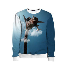 Детский свитшот 3D с принтом Жираф и самолет в Екатеринбурге, 100% полиэстер | свободная посадка, прямой крой, мягкая тканевая резинка на рукавах и понизу свитшота | Тематика изображения на принте: животные | жираф | небо | облака | природа | самолет | солнце | юмор