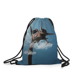 Рюкзак-мешок 3D с принтом Жираф и самолет в Екатеринбурге, 100% полиэстер | плотность ткани — 200 г/м2, размер — 35 х 45 см; лямки — толстые шнурки, застежка на шнуровке, без карманов и подкладки | Тематика изображения на принте: животные | жираф | небо | облака | природа | самолет | солнце | юмор