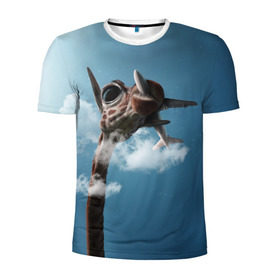 Мужская футболка 3D спортивная с принтом Жираф и самолет в Екатеринбурге, 100% полиэстер с улучшенными характеристиками | приталенный силуэт, круглая горловина, широкие плечи, сужается к линии бедра | животные | жираф | небо | облака | природа | самолет | солнце | юмор