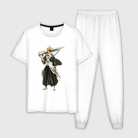 Мужская пижама хлопок с принтом Ichigo Kurosaki в Екатеринбурге, 100% хлопок | брюки и футболка прямого кроя, без карманов, на брюках мягкая резинка на поясе и по низу штанин
 | bleach | hollow | manga | блич | ичиго | куросаки | манга | пустой | синигами