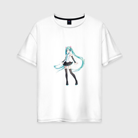 Женская футболка хлопок Oversize с принтом Hatsune Miku в Екатеринбурге, 100% хлопок | свободный крой, круглый ворот, спущенный рукав, длина до линии бедер
 | anime | aquamarin | aquamarine | everlasting | hatsune | j pop | miku | projectdiva | singer | summer | vocaloid | аквамарин | аниме | бесконечное | вокалоид | лето | мику | певица | хацуне | хацунэ