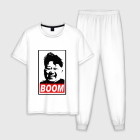 Мужская пижама хлопок с принтом BOOM КИМ ЧЕН ЫН в Екатеринбурге, 100% хлопок | брюки и футболка прямого кроя, без карманов, на брюках мягкая резинка на поясе и по низу штанин
 | boom | kim chen eun | mems | ким чен ын | кнр | мемы | северная корея | ядерные ракеты