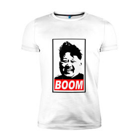 Мужская футболка премиум с принтом BOOM КИМ ЧЕН ЫН в Екатеринбурге, 92% хлопок, 8% лайкра | приталенный силуэт, круглый вырез ворота, длина до линии бедра, короткий рукав | boom | kim chen eun | mems | ким чен ын | кнр | мемы | северная корея | ядерные ракеты