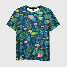 Мужская футболка 3D с принтом Тропики в Екатеринбурге, 100% полиэфир | прямой крой, круглый вырез горловины, длина до линии бедер | Тематика изображения на принте: jungle | деревья | джунгли | зелень | кусты | лес | мох | океан | пальмы | пляж | тропики | экзотика