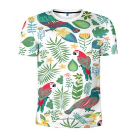 Мужская футболка 3D спортивная с принтом Попугаи в Екатеринбурге, 100% полиэстер с улучшенными характеристиками | приталенный силуэт, круглая горловина, широкие плечи, сужается к линии бедра | Тематика изображения на принте: jungle | деревья | джунгли | зелень | кусты | лес | мох | океан | пальмы | пляж | тропики | экзотика
