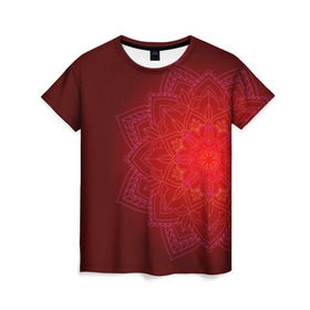 Женская футболка 3D с принтом Красная мандала в Екатеринбурге, 100% полиэфир ( синтетическое хлопкоподобное полотно) | прямой крой, круглый вырез горловины, длина до линии бедер | символ | узор | цветок