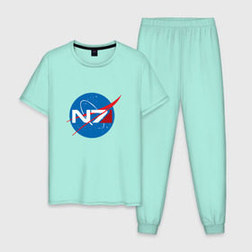 Мужская пижама хлопок с принтом NASA N7 MASS EFFECT в Екатеринбурге, 100% хлопок | брюки и футболка прямого кроя, без карманов, на брюках мягкая резинка на поясе и по низу штанин
 | Тематика изображения на принте: logo | n7 | nasa | space | логотип | масс эффект | н7 | наса