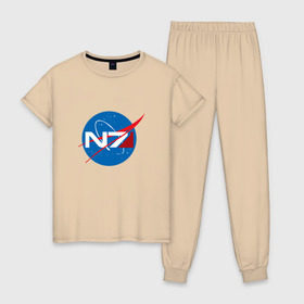 Женская пижама хлопок с принтом NASA N7 MASS EFFECT в Екатеринбурге, 100% хлопок | брюки и футболка прямого кроя, без карманов, на брюках мягкая резинка на поясе и по низу штанин | Тематика изображения на принте: logo | n7 | nasa | space | логотип | масс эффект | н7 | наса