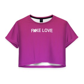Женская футболка 3D укороченная с принтом BTS FAKE LOVE в Екатеринбурге, 100% полиэстер | круглая горловина, длина футболки до линии талии, рукава с отворотами | bts | bts army | j hope | jimin | jin | jungkook | k pop | rap monster | rapmon | suga | v | бтс | группа | корея