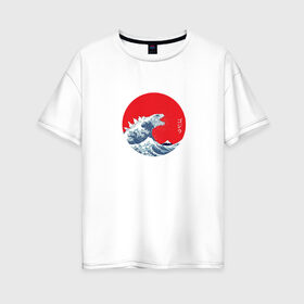 Женская футболка хлопок Oversize с принтом GODZILLA в Екатеринбурге, 100% хлопок | свободный крой, круглый ворот, спущенный рукав, длина до линии бедер
 | comic con | godzilla | gojira | logo | годзилла | знаки | иероглифы | лого | монстр | фильм | чудовище