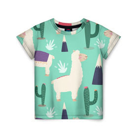 Детская футболка 3D с принтом Альпаки в Екатеринбурге, 100% гипоаллергенный полиэфир | прямой крой, круглый вырез горловины, длина до линии бедер, чуть спущенное плечо, ткань немного тянется | Тематика изображения на принте: зеленый | лама | паттерн