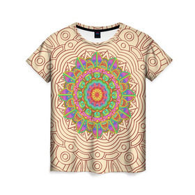Женская футболка 3D с принтом Яркая мандала в Екатеринбурге, 100% полиэфир ( синтетическое хлопкоподобное полотно) | прямой крой, круглый вырез горловины, длина до линии бедер | mandala | индия | эзотерика