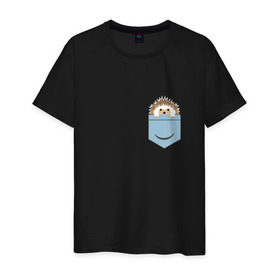 Мужская футболка хлопок с принтом Ёжик в кармане в Екатеринбурге, 100% хлопок | прямой крой, круглый вырез горловины, длина до линии бедер, слегка спущенное плечо. | Тематика изображения на принте: еж | ёжик | ёжик в кармане | лес