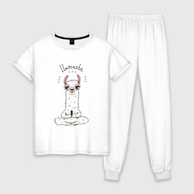 Женская пижама хлопок с принтом Лама в Екатеринбурге, 100% хлопок | брюки и футболка прямого кроя, без карманов, на брюках мягкая резинка на поясе и по низу штанин | i lamaste | ёга | йога | лама
