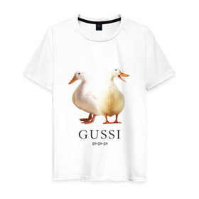 Мужская футболка хлопок с принтом Gussi в Екатеринбурге, 100% хлопок | прямой крой, круглый вырез горловины, длина до линии бедер, слегка спущенное плечо. | gucci | gussi | гусь | гучи | гуччи