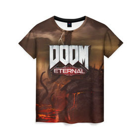 Женская футболка 3D с принтом DOOM Eternal в Екатеринбурге, 100% полиэфир ( синтетическое хлопкоподобное полотно) | прямой крой, круглый вырез горловины, длина до линии бедер | doom | doomguy | slayer | вечный | дум | думгай | палач рока