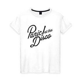 Женская футболка хлопок с принтом Panic at the disco logo в Екатеринбурге, 100% хлопок | прямой крой, круглый вырез горловины, длина до линии бедер, слегка спущенное плечо | brendon urie | patd | spencer smith | tyan ross