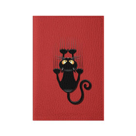 Обложка для паспорта матовая кожа с принтом Черный Кот в Екатеринбурге, натуральная матовая кожа | размер 19,3 х 13,7 см; прозрачные пластиковые крепления | black | cat | cats | кот | котенок | коты | кошка | кошки | красный | черная