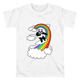 Мужская футболка хлопок с принтом ПАНДА НА РАДУГЕ в Екатеринбурге, 100% хлопок | прямой крой, круглый вырез горловины, длина до линии бедер, слегка спущенное плечо. | cloud | mem | panda | rainbow | serfing | мем | облака | панда | радуга | серфинг | юмор