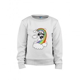 Детский свитшот хлопок с принтом ПАНДА НА РАДУГЕ в Екатеринбурге, 100% хлопок | круглый вырез горловины, эластичные манжеты, пояс и воротник | cloud | mem | panda | rainbow | serfing | мем | облака | панда | радуга | серфинг | юмор