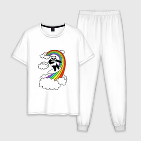 Мужская пижама хлопок с принтом ПАНДА НА РАДУГЕ в Екатеринбурге, 100% хлопок | брюки и футболка прямого кроя, без карманов, на брюках мягкая резинка на поясе и по низу штанин
 | cloud | mem | panda | rainbow | serfing | мем | облака | панда | радуга | серфинг | юмор