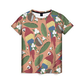Женская футболка 3D с принтом Попугайчики в Екатеринбурге, 100% полиэфир ( синтетическое хлопкоподобное полотно) | прямой крой, круглый вырез горловины, длина до линии бедер | джунгли | жара | кокосы | лето | отпуск | попугайчики | птицы | путушествия | цветы