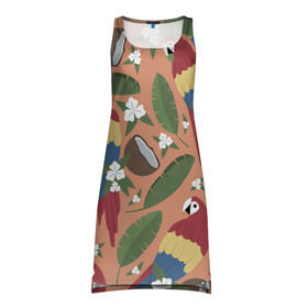 Платье-майка 3D с принтом Попугайчики в Екатеринбурге, 100% полиэстер | полуприлегающий силуэт, широкие бретели, круглый вырез горловины, удлиненный подол сзади. | Тематика изображения на принте: джунгли | жара | кокосы | лето | отпуск | попугайчики | птицы | путушествия | цветы