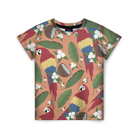 Детская футболка 3D с принтом Попугайчики в Екатеринбурге, 100% гипоаллергенный полиэфир | прямой крой, круглый вырез горловины, длина до линии бедер, чуть спущенное плечо, ткань немного тянется | джунгли | жара | кокосы | лето | отпуск | попугайчики | птицы | путушествия | цветы
