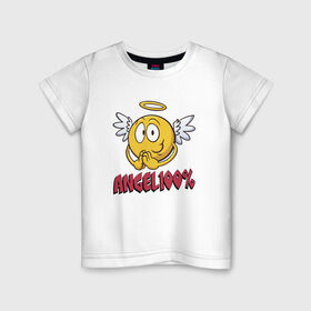 Детская футболка хлопок с принтом ANGEL 100% в Екатеринбурге, 100% хлопок | круглый вырез горловины, полуприлегающий силуэт, длина до линии бедер | 100 | angel | ангел | добрая | добрый | крылья | мем | мемас | мемасик | милый | надпись | нимб | процентов | смайл | смайлик | улыбка | эмоджи | эмодзи