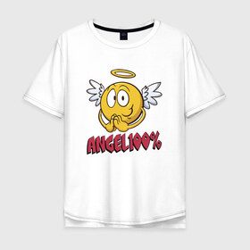 Мужская футболка хлопок Oversize с принтом ANGEL 100% в Екатеринбурге, 100% хлопок | свободный крой, круглый ворот, “спинка” длиннее передней части | 100 | angel | ангел | добрая | добрый | крылья | мем | мемас | мемасик | милый | надпись | нимб | процентов | смайл | смайлик | улыбка | эмоджи | эмодзи