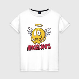 Женская футболка хлопок с принтом ANGEL 100% в Екатеринбурге, 100% хлопок | прямой крой, круглый вырез горловины, длина до линии бедер, слегка спущенное плечо | 100 | angel | ангел | добрая | добрый | крылья | мем | мемас | мемасик | милый | надпись | нимб | процентов | смайл | смайлик | улыбка | эмоджи | эмодзи