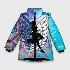 Зимняя куртка для девочек 3D с принтом Mikasa в Екатеринбурге, ткань верха — 100% полиэстер; подклад — 100% полиэстер, утеплитель — 100% полиэстер. | длина ниже бедра, удлиненная спинка, воротник стойка и отстегивающийся капюшон. Есть боковые карманы с листочкой на кнопках, утяжки по низу изделия и внутренний карман на молнии. 

Предусмотрены светоотражающий принт на спинке, радужный светоотражающий элемент на пуллере молнии и на резинке для утяжки. | anime | attack on titan | аниме | атака титанов