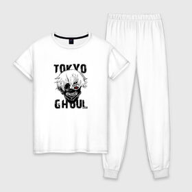 Женская пижама хлопок с принтом Токийский гуль в Екатеринбурге, 100% хлопок | брюки и футболка прямого кроя, без карманов, на брюках мягкая резинка на поясе и по низу штанин | anime | tokyo ghoul | гули | канеки кен | токийский гуль