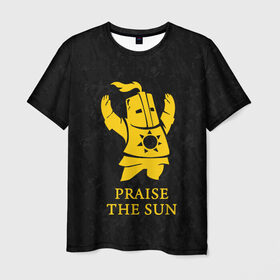 Мужская футболка 3D с принтом PRAISE THE SUN в Екатеринбурге, 100% полиэфир | прямой крой, круглый вырез горловины, длина до линии бедер | dark souls | game | gamer | knight | play | player | praise the sun | дарк соулс | доспехи | игры | надпись | рыцарь | темные души
