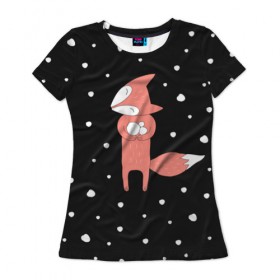 Женская футболка 3D с принтом Лисичка и Снежки в Екатеринбурге, 100% полиэфир ( синтетическое хлопкоподобное полотно) | прямой крой, круглый вырез горловины, длина до линии бедер | Тематика изображения на принте: fox | зима | лис | лиса | лисы | снег | снежок