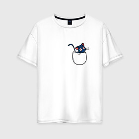 Женская футболка хлопок Oversize с принтом Кот в кармане в Екатеринбурге, 100% хлопок | свободный крой, круглый ворот, спущенный рукав, длина до линии бедер
 | cat | кот . котэ | котик | сейлор мун