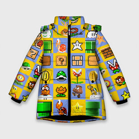Зимняя куртка для девочек 3D с принтом Super Mario Pop art в Екатеринбурге, ткань верха — 100% полиэстер; подклад — 100% полиэстер, утеплитель — 100% полиэстер. | длина ниже бедра, удлиненная спинка, воротник стойка и отстегивающийся капюшон. Есть боковые карманы с листочкой на кнопках, утяжки по низу изделия и внутренний карман на молнии. 

Предусмотрены светоотражающий принт на спинке, радужный светоотражающий элемент на пуллере молнии и на резинке для утяжки. | Тематика изображения на принте: bros | donkey kong | mario | super | игра | марио | офф | спин | супер | тоад
