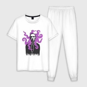 Мужская пижама хлопок с принтом Лавкрафт в Екатеринбурге, 100% хлопок | брюки и футболка прямого кроя, без карманов, на брюках мягкая резинка на поясе и по низу штанин
 | Тематика изображения на принте: cthulhu | cthulhu fhtagn | lovecraft | ктулху | лавкрафт