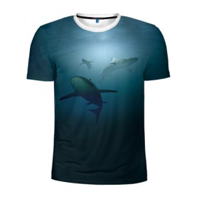 Мужская футболка 3D спортивная с принтом Акулы в Екатеринбурге, 100% полиэстер с улучшенными характеристиками | приталенный силуэт, круглая горловина, широкие плечи, сужается к линии бедра | море | океан | подводный мир | рыба | хищник