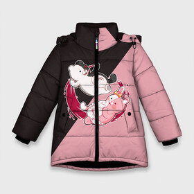 Зимняя куртка для девочек 3D с принтом MONOKUMA X MONOMI в Екатеринбурге, ткань верха — 100% полиэстер; подклад — 100% полиэстер, утеплитель — 100% полиэстер. | длина ниже бедра, удлиненная спинка, воротник стойка и отстегивающийся капюшон. Есть боковые карманы с листочкой на кнопках, утяжки по низу изделия и внутренний карман на молнии. 

Предусмотрены светоотражающий принт на спинке, радужный светоотражающий элемент на пуллере молнии и на резинке для утяжки. | anime | bear | black  white | danganronpa | kurokuma | monodam | monokuma | monomi | monotaro | pink | rabbit | school | shirokuma | аниме | главарь | мoноми | монокума | черно белый | школа