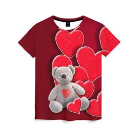 Женская футболка 3D с принтом Мишка с сердечками в Екатеринбурге, 100% полиэфир ( синтетическое хлопкоподобное полотно) | прямой крой, круглый вырез горловины, длина до линии бедер | девушкам | игрушка | любовь | медведь | мишка | плюшевый | сердечко | сердце
