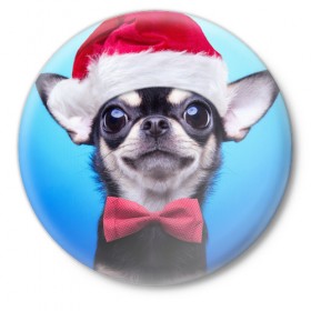 Значок с принтом рождество в Екатеринбурге,  металл | круглая форма, металлическая застежка в виде булавки | Тематика изображения на принте: dog | happy new year | бантик | взгляд | глаза | новый год | пинчер | праздник | санта клаус | собака | той терьер