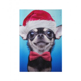 Обложка для паспорта матовая кожа с принтом рождество в Екатеринбурге, натуральная матовая кожа | размер 19,3 х 13,7 см; прозрачные пластиковые крепления | dog | happy new year | бантик | взгляд | глаза | новый год | пинчер | праздник | санта клаус | собака | той терьер