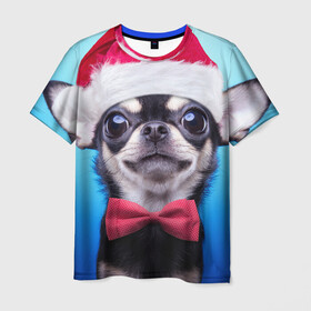 Мужская футболка 3D с принтом рождество в Екатеринбурге, 100% полиэфир | прямой крой, круглый вырез горловины, длина до линии бедер | Тематика изображения на принте: dog | happy new year | бантик | взгляд | глаза | новый год | пинчер | праздник | санта клаус | собака | той терьер
