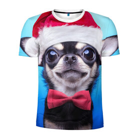 Мужская футболка 3D спортивная с принтом рождество в Екатеринбурге, 100% полиэстер с улучшенными характеристиками | приталенный силуэт, круглая горловина, широкие плечи, сужается к линии бедра | Тематика изображения на принте: dog | happy new year | бантик | взгляд | глаза | новый год | пинчер | праздник | санта клаус | собака | той терьер