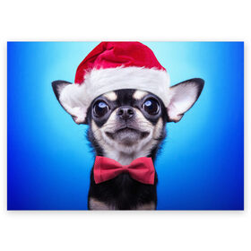 Поздравительная открытка с принтом рождество в Екатеринбурге, 100% бумага | плотность бумаги 280 г/м2, матовая, на обратной стороне линовка и место для марки
 | dog | happy new year | бантик | взгляд | глаза | новый год | пинчер | праздник | санта клаус | собака | той терьер