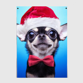 Постер с принтом рождество в Екатеринбурге, 100% бумага
 | бумага, плотность 150 мг. Матовая, но за счет высокого коэффициента гладкости имеет небольшой блеск и дает на свету блики, но в отличии от глянцевой бумаги не покрыта лаком | dog | happy new year | бантик | взгляд | глаза | новый год | пинчер | праздник | санта клаус | собака | той терьер